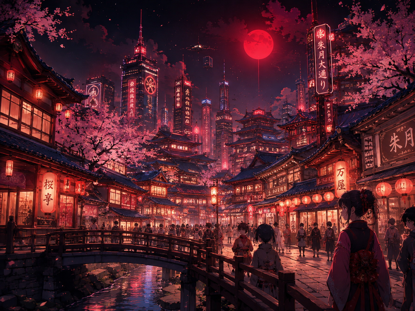 桜と提灯に包まれたNEO江戸中層・市街地の夜景